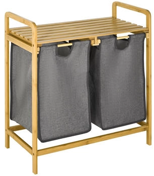 HomCom Wäschebox mit 2 abnehmbaren Wäschesacke Wäschesammler mit Plattform Wäschesortierer für Badezimmer Bambus Grau 63,5 x 33 x 73 cm