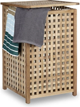 Relaxdays W&auml;schesammler mit Deckel, 75 l Stoff-W&auml;schesack, Walnussholz, hbt: 67,5x45,7x45,7 cm, W&auml;schesortierer, natur
