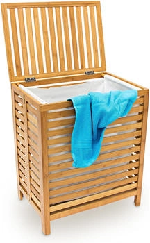 Relaxdays Wäschetruhe, Bambus, HxBxT: 60 x 50,5 x 35,5 cm, herausnehmbarer Wäschesack, Volumen 100 l, Wäschekorb, natur