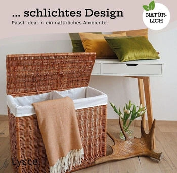Lycce W&auml;schekorb 2 F&auml;cher 120 l W&auml;schesortierer Weide 67 x 33 x 56 cm, Farbe:natur