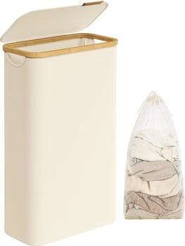 Songmics Wäschekorb, mit Deckel, 65 L, herausnehmbarer Wäschesack, Griffe aus Bambus, Cremeweiß, 65 l | 42 cm x 70.5 cm x 22.5 cm