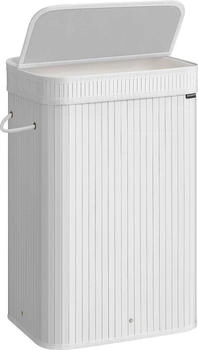 Songmics Wäschekorb, mit Deckel, Bambus, herausnehmbar, mit Griffen, 72 Liter, Weiß, 72 l | 42.5 cm x 61 cm x 31.5 cm