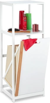 Relaxdays Badregal mit Wäschekorb, 2 offene Ablagen, kippbarer Wäschesammler, MDF & Bambus, 98x36x30 cm, weiß/natur