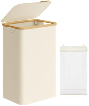 Songmics Wäschekorb, mit Deckel, 90 L, herausnehmbarer Wäschesack, Griffe aus Bambus, Cremeweiß, 90 l | 42 cm x 70.5 cm x 32 cm