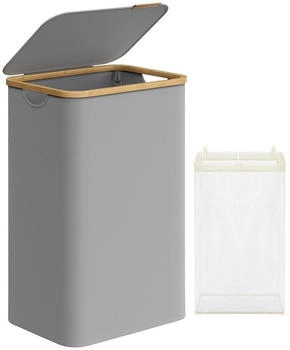 Songmics Wäschekorb, mit Deckel, 90 L, herausnehmbarer Wäschesack, Griffe aus Bambus, Taubengrau, 90 l | 42 cm x 70.5 cm x 32 cm