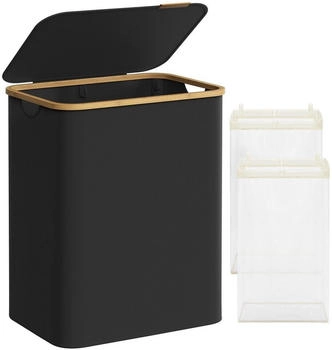 Songmics Wäschekorb, mit Deckel, 2 Fächern, 130 L, herausnehmbarer, Griffe aus Bambus, Tintenschwarz, 130 l | 52 cm x 70.5 cm x 38.5 cm