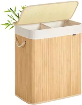 Songmics Wäschekorb 2 Fächer 100 L mit Deckel Wäschebox Bambus mit Griffen faltbar Wäschesack herausnehmbar maschinenwaschbar
