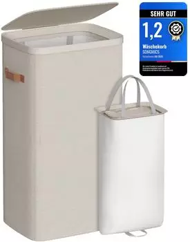 Songmics Wäschekorb 100L mit Deckel, Griffen und herausnehmbarem Wäschesack, Cappuccinobeige (LCB811LH01)