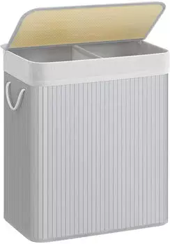 Songmics W&auml;schekorb 2 F&auml;cher Bambus mit Deckel 100L Grau (LCB064G01)