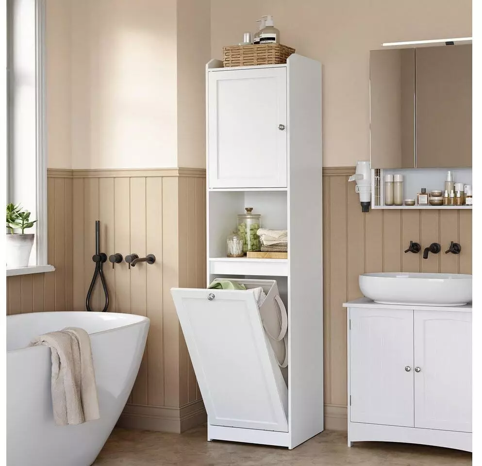 Vasagle Butler Badezimmerschrank mit Wäschekorb, 40x40x170cm, weiß Wäschesortierer ab 73,94€