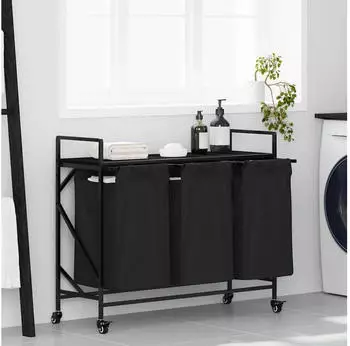 vidaXL W&auml;schekorb 3 F&auml;cher mit R&auml;dern, Schwarze Eiche (859090)