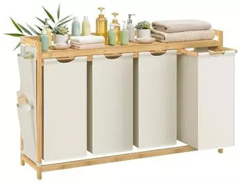 Songmics W&auml;schekorb 4 F&auml;cher, Bambus, 200L, 124,6x33x78cm, Cremewei&szlig; (RLH120W01)