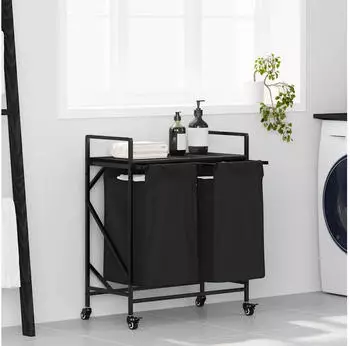 vidaXL W&auml;schekorb 2 F&auml;cher mit R&auml;dern Schwarze Eiche (859095)