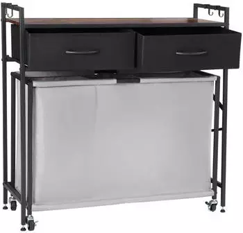 VEVOR W&auml;schesortierer 3 F&auml;cher, Holztischplatte, Rollen, 2 Schubladen (XYL04)