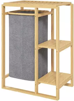 HomCom Wäschekorb mit herausnehmbarem Beutel, Bambus, Lamellenregale, 50x32x70cm, Grau (850-329V00GY)