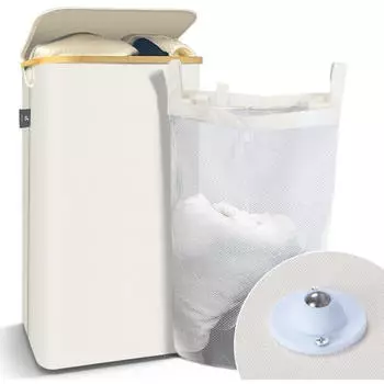 Vounot Faltbarer W&auml;schekorb 100L mit Rollen, Deckel und Bambusrahmen, Beige