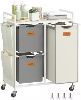 Vasagle W&auml;schesortierer mit Rollen, 3 F&auml;cher, 100L, naturbeige-taubengrau-cremewei&szlig; (BLH202G01)