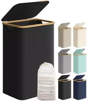 Songmics W&auml;schekorb mit Deckel, 90L, herausnehmbarer W&auml;schesack, Oxford-Gewebe, Bambusgriffe, faltbar, Tintenschwarz (LCB509B01)