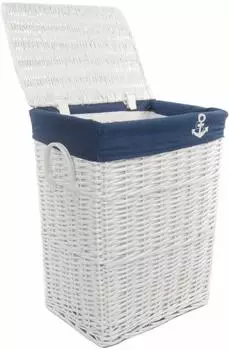 DVier Wäschekorb Weide eckig weiß mit Deckel, Bezug marineblau 90L (SWWK-38WRt-c)