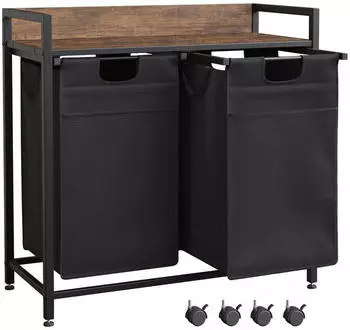 Mondeer W&auml;schekorb 2 F&auml;cher, Metallrahmen, Rollen, 2x50L (HDLS04BK-GAN)