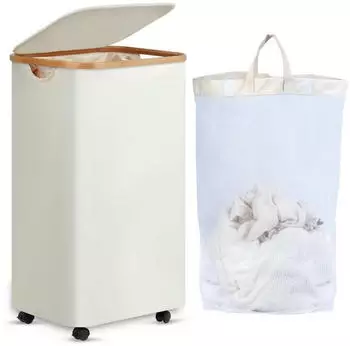 LuxusKollektion Wäschekorb mit Rollen und Deckel XL 100L Bambus Beige
