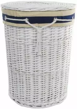 DVier Wäschekorb Weide rund weiß mit Deckel, Marine Bezug, 96L, Ø46cm H62cm (SWWK-39WRd-c)