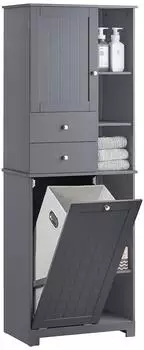 SoBuy BZR104 Badezimmer-Hochschrank mit W&auml;schekorb, 6 Ablagen, dunkelgrau (BZR104-DG)
