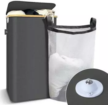 Vounot Faltbarer W&auml;schekorb mit Rollen, Deckel & Innensack, Bambusrahmen, 100L, Grau