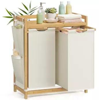 Songmics W&auml;schekorb 2 F&auml;cher Bambus 100L mit Ablage