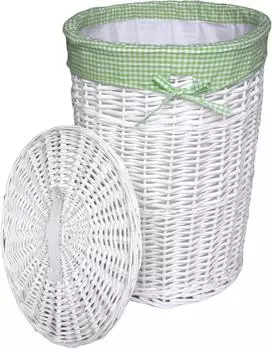 DVier Wäschekorb Weide rund weiß Karomuster grün 60L (25WRd-b)