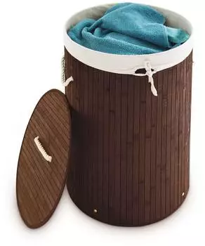Relaxdays W&auml;schekorb Bambus faltbar mit Deckel, rund, braun/wei&szlig;
