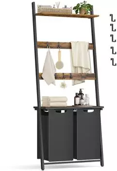 Vasagle W&auml;schekorb mit Handtuchleiter, 2 F&auml;cher, 2x46L, vintagebraun-schwarz