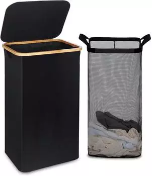 LuxusKollektion Wäschekorb mit Deckel, faltbar, Bambus, 120L, schwarz (XXL)