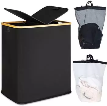 LuxusKollektion Wäschekorb 140L mit Deckel, 2 Fächer, Leinen/Bambus, schwarz
