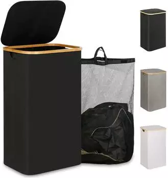 LuxusKollektion Wäschekorb 110L mit Deckel, Bambusgriffen, schwarz