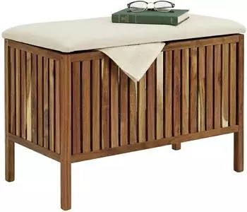 Relaxdays W&auml;schetruhe mit Sitz, Akazienholz, wei&szlig;/braun