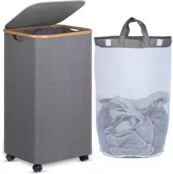 LuxusKollektion W&auml;schekorb mit Rollen & Deckel, Bambus, grau, 100L