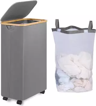 LuxusKollektion W&auml;schekorb mit Rollen, schmal, 75L, grau