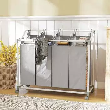 HomCom Wäschesammler 4 Fächer 160L mit Rädern, grau (850-357V00GY)