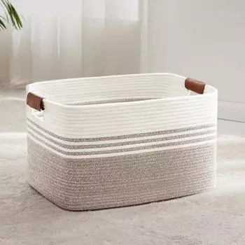 LuxusKollektion Wäschekorb geflochten 72L Baumwollseil, Lederhenkel, weiß/braun