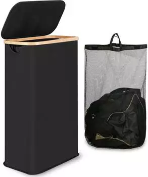 Gerster Wäschekorb mit Deckel, Bambus, schwarz, 60L