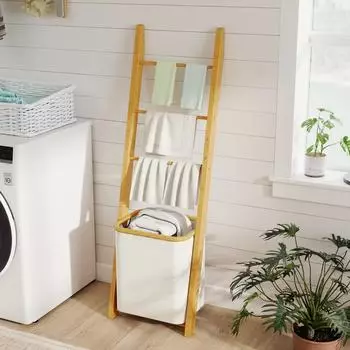 HomCom Badregal 2-in-1 mit Wäschekorb 48L, creme (834-880V00CW)