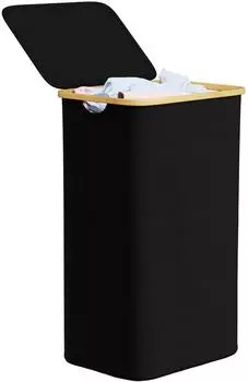 LuxusKollektion W&auml;schekorb mit Deckel, faltbar, Bambusgriffe, schwarz, 110L