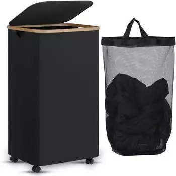 LuxusKollektion W&auml;schekorb mit Rollen, faltbar, 100L, schwarz, Bambusgriffe