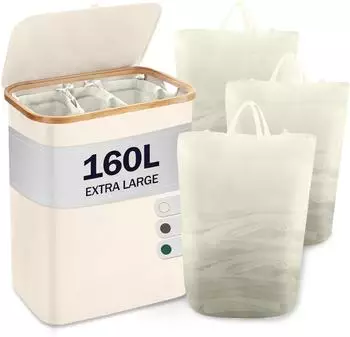LuxusKollektion W&auml;schekorb mit Deckel, 3 F&auml;cher, Bambus, beige, 160L