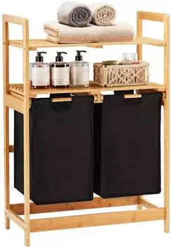 LuxusKollektion W&auml;schesortierer Bambus-Gestell 2 Ablagen 2 W&auml;sches&auml;cke schwarz (93x64x33cm)