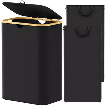 LuxusKollektion W&auml;schekorb mit 2 F&auml;chern, Deckel, Bambusgriffe, schwarz, 160L