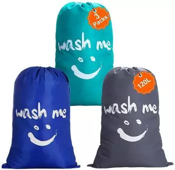LuxusKollektion W&auml;sches&auml;cke 3er-Set 120L mit Kordelzug, Nylon, blau/dunkelgrau/marineblau