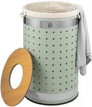 eluno W&auml;schetonne mit Deckel und W&auml;schesack, rund, Metall, mint, 50L