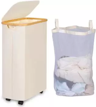 LuxusKollektion W&auml;schekorb mit Rollen, Deckel und Innentasche, 75L, beige (66336)